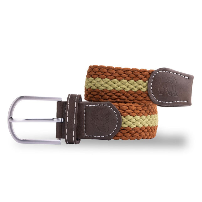 Mens Elastic Stretch Belt - Woven Belt - Brown / Khaki Stripe