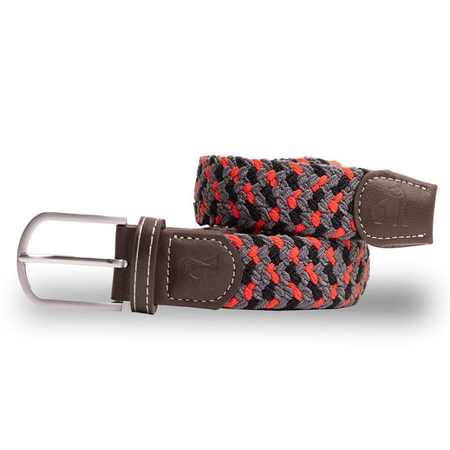 Mens Elastic Stretch Belt - Woven Belt - Grey / Red Zigzag