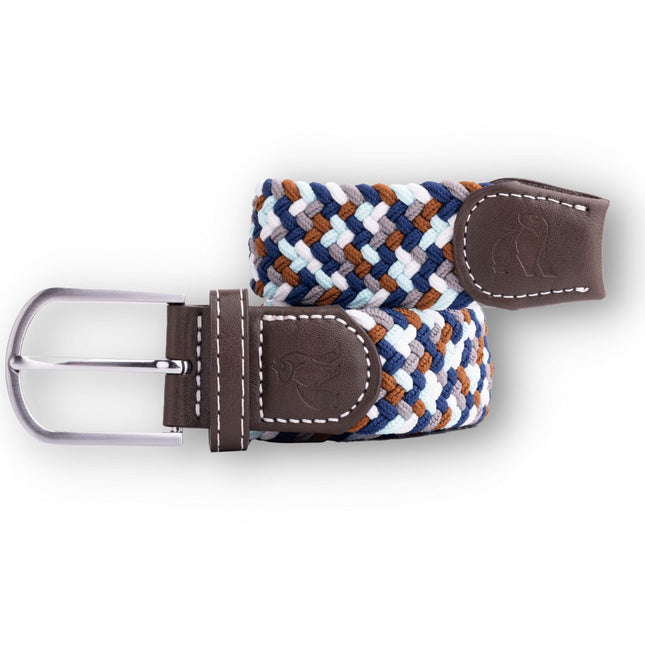 Womens Elastic Belt - Woven Belt - Navy / Grey & Brown Zigzag