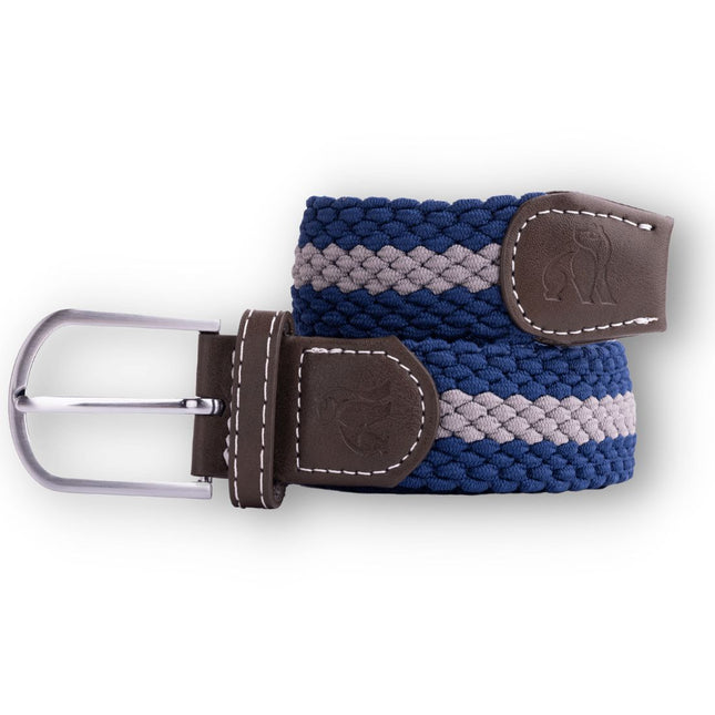 Mens Elastic Stretch Belt - Woven Belt - Blue / Grey Stripe