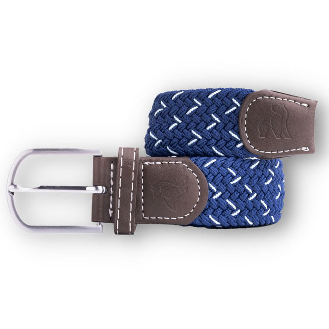 Mens Elastic Stretch Belt - Woven Belt - Navy & White Dot