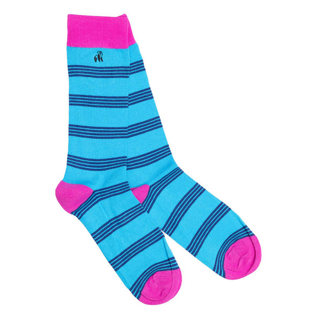 New Men's Bamboo Sock Collection - Aqua & Pink Striped Bamboo Socks