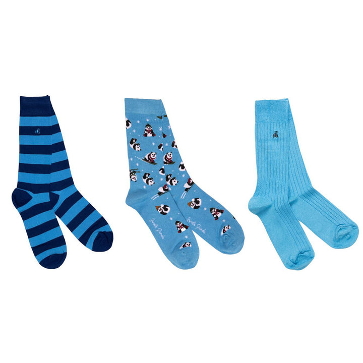 Blue Skiing Panda Sock Box - 3 Pairs of Bamboo Socks (His)