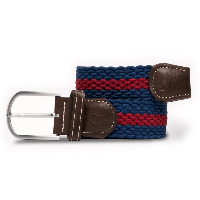 Mens Elastic Stretch Belt - Woven Belt - Blue / Burgundy Stripe