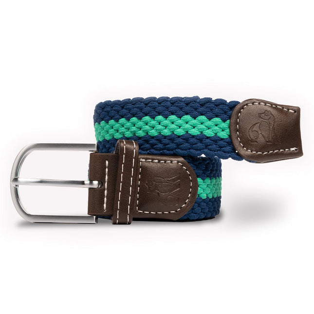 Mens Elastic Stretch Belt - Woven Belt - Blue / Green Stripe