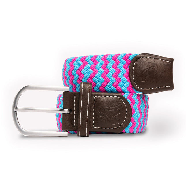 Womens Elastic Belt - Woven Belt - Blue / Pink Zigzag