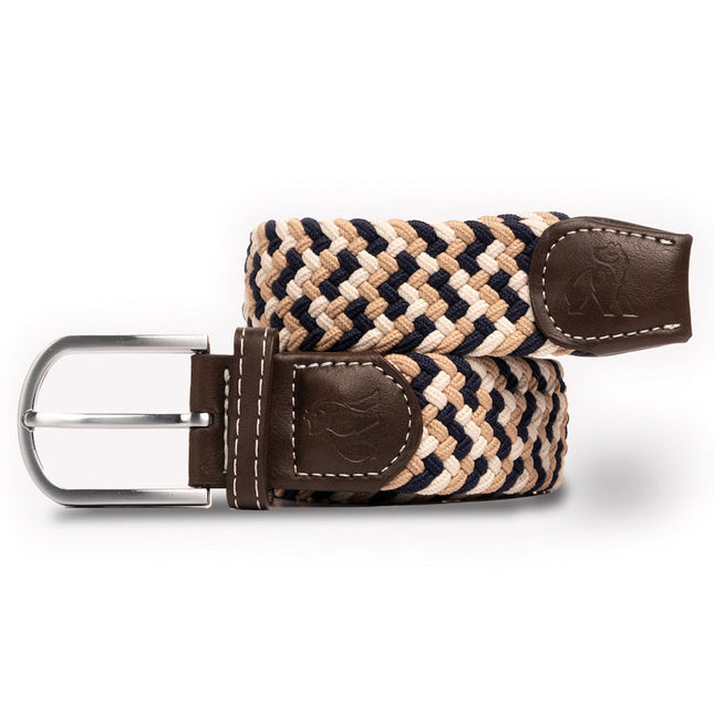 Mens Elastic Stretch Belt - Woven Belt - Navy / Beige Zigzag