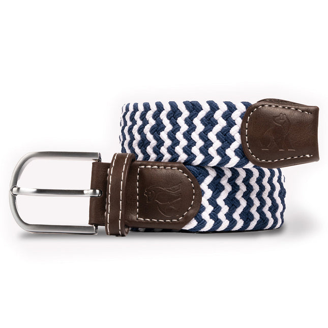 Womens Elastic Belt - Woven Belt - Navy / White Zigzag