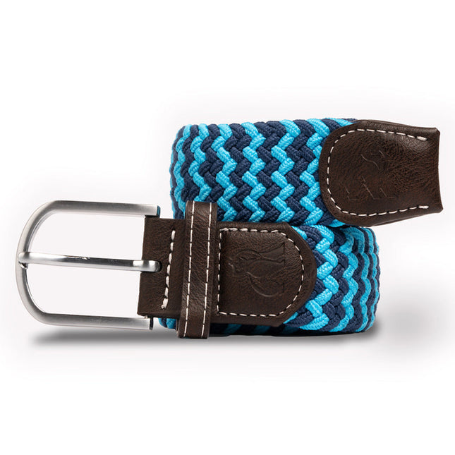 Mens Elastic Stretch Belt - Woven Belt - Sky Blue Zigzag