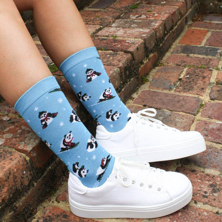 Blue Skiing Panda Bamboo Socks